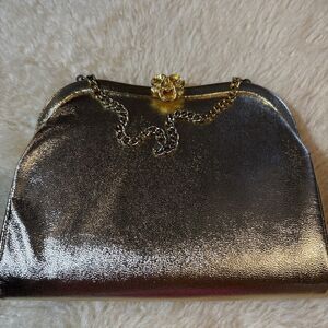 Vintage Admiral Gold Metallic Clutch Purse With Chain Strap & Decorative Clasp